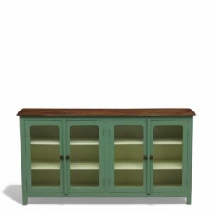 Madrid 4-Door Glass Sideboard Cabinet , Finish - Olive Green and Off White