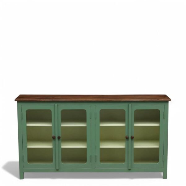 Madrid 4-Door Glass Sideboard Cabinet , Finish - Olive Green and Off White - Image 3
