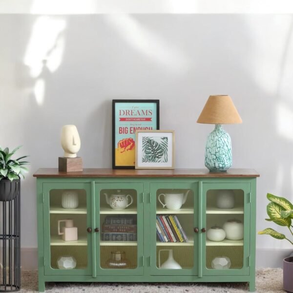 Madrid 4-Door Glass Sideboard Cabinet , Finish - Olive Green and Off White - Image 2