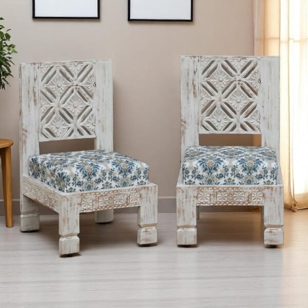 daipur Low Seating Chair Set of 2 ,Finish- Distressed White - Image 4
