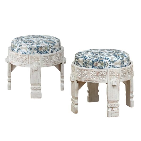 Udaipur Low Seating Stool Set of 2 (L) - White Distressed - Image 1