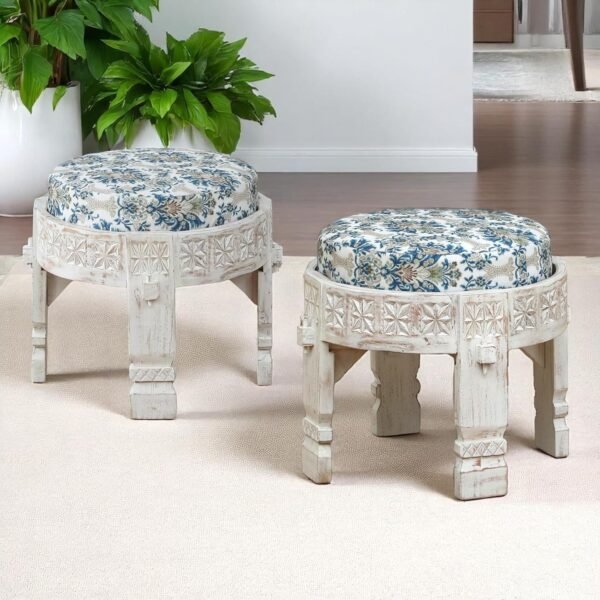Udaipur Low Seating Stool Set of 2 (L) - White Distressed - Image 3