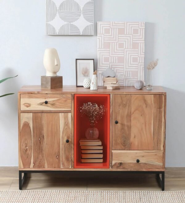 Kalki Acacia Wood TV Console with 2 Drwer ,Finish - Tubaq & Off White - Image 1