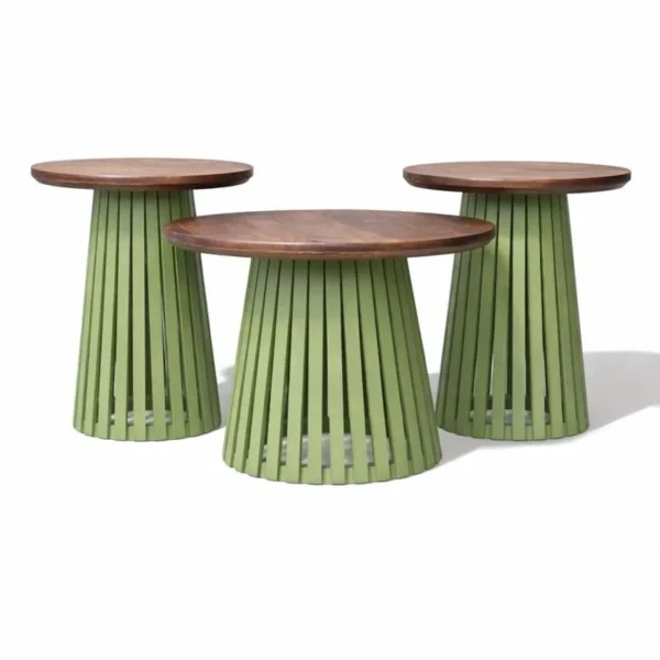 Orbit Solid Wood Round Coffee Table Set of 3 - Olive Green & Tubaq Brown - Image 1