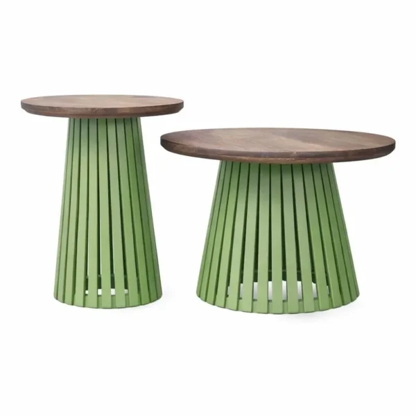 Orbit Solid Wood Round Centre Table Set of 2 - Olive Green and Tubaq Brown - Image 1