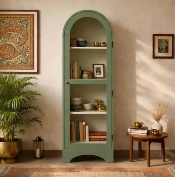 Arched Display Cabinet | Solid Wood Book & Display Cabinet with Storage - Olive Green & Off-White - Image 2