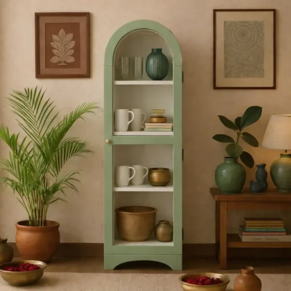 Arched Crockery Cabinet | Solid Wood Bar Cabinet - Sage Green - Image 2