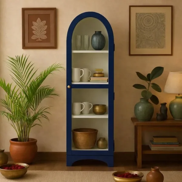 Arched Display Cabinet | Glass Door Cabinet - Royal Blue & Off-White - Image 2