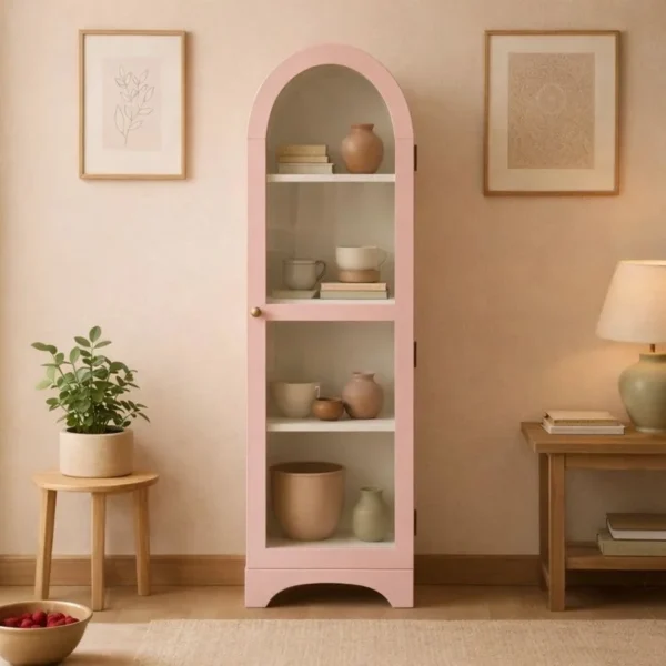 Arched Display Cabinet | Glass Door Cabinet - Rosset Pink & Off-White - Image 2