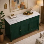 Madrid 3 Door Sideboard Cabinet | Sintered Stone Top Sideboard for Living Room | Finish- Acrylic Emerald Green - Image 3