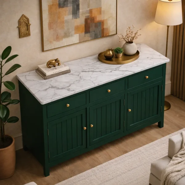 Madrid 3 Door Sideboard Cabinet | Sintered Stone Top Sideboard for Living Room | Finish- Acrylic Emerald Green - Image 3