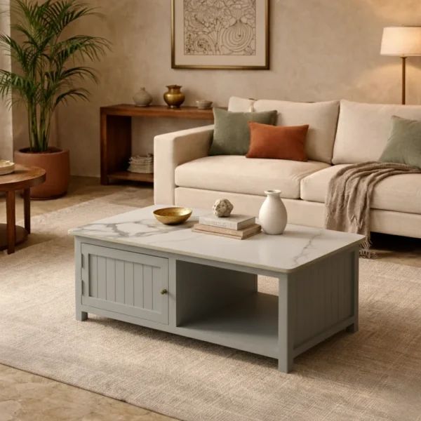 Madrid Centre Table | Premium Sintered Stone Center Table for Living Room | Wooden Coffee Table | Finish- Premium Acrylic Silver Grey - Image 2