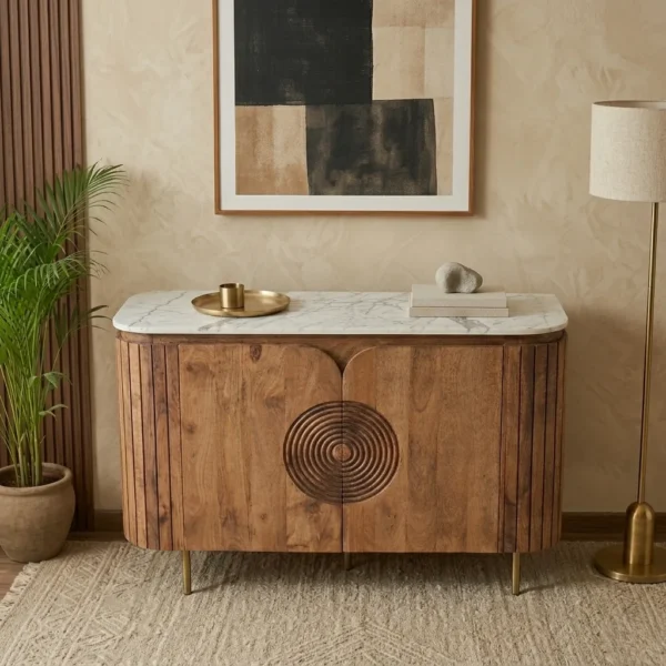 Mandala Sideboard Cabinet | Sintered Stone Top Sideboard for Living Room | Finish- Dark Teak Finish Lacquered - Image 2