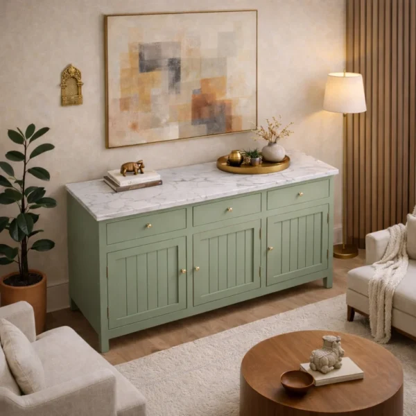Madrid Sideboard Cabinet | Sintered Stone Top Sideboard for Living Room | Finish- Premium Acrylic Sage Green - Image 3