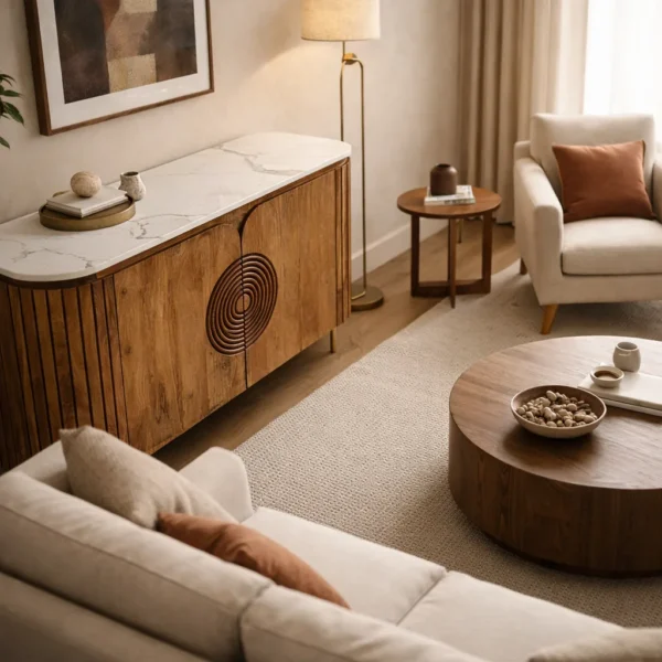 Mandala Sideboard Cabinet | Sintered Stone Top Sideboard for Living Room | Finish- Dark Teak Finish Lacquered - Image 6