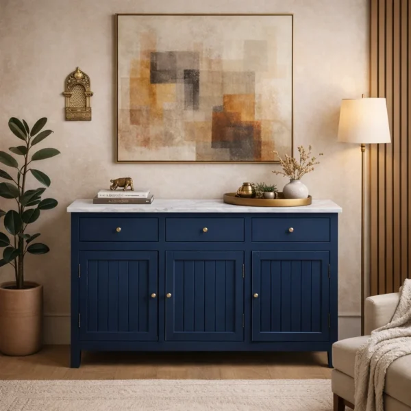 Madrid Sideboard Cabinet | Sintered Stone Top Sideboard for Living Room | Finish- Premium Acrylic Midnight Blue - Image 2