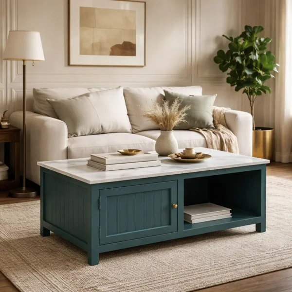 Madrid Center Table| Premium Sintered Stone Coffee Table for Living Room | Wooden Centre Table | Finish- Premium Acrylic Emerald Green - Image 2