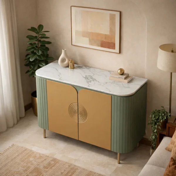 Mandala Sideboard Cabinet | Sintered Stone Top Sideboard for Living Room | Finish- Olive Green and Premium Acrylic Terracota Brown - Image 3