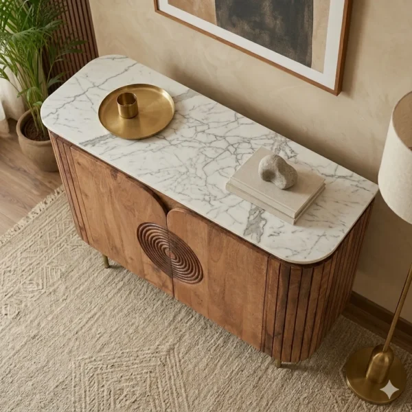 Mandala Sideboard Cabinet | Sintered Stone Top Sideboard for Living Room | Finish- Dark Teak Finish Lacquered - Image 5