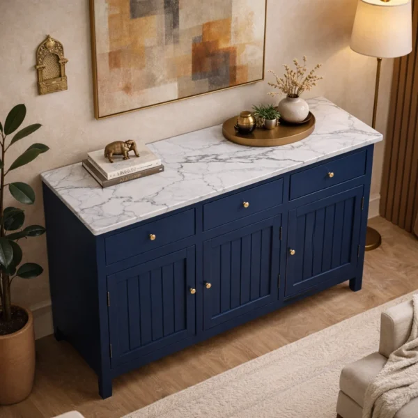 Madrid Sideboard Cabinet | Sintered Stone Top Sideboard for Living Room | Finish- Premium Acrylic Midnight Blue - Image 3