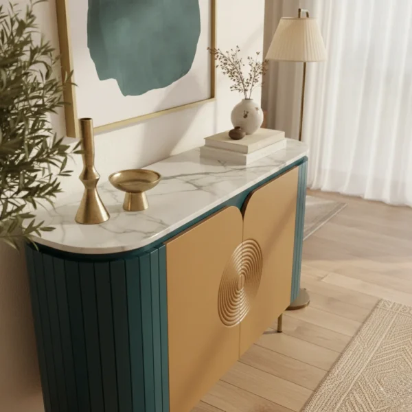 Mandala Sideboard Cabinet | Sintered Stone Top Sideboard for Living Room | Finish- Premium Acrylic Emerald Green and Terracotta Brown - Image 3