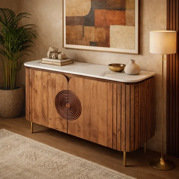 Mandala Sideboard Cabinet | Sintered Stone Top Sideboard for Living Room | Finish- Dark Teak Finish Lacquered - Image 4