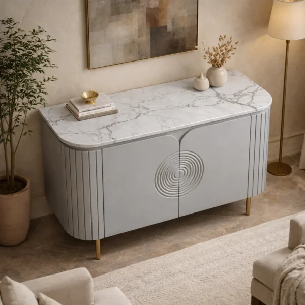 Mandala Sideboard Cabinet | Sintered Stone Top Sideboard for Living Room | Finish- Premium Acrylic Silver Grey - Image 4