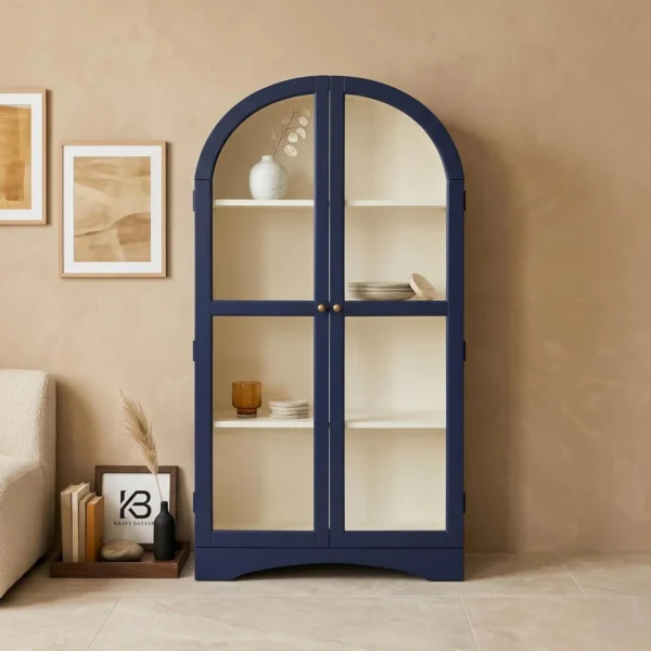 2 Door Display Cabinet | Crockery Cabinet | Wooden Multipurpose Cabinet | Finish- Midnight Blue and Off White - Image 2