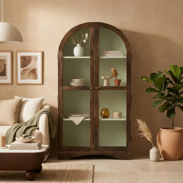 2 Door Display Cabinet | Crockery Cabinet | Wooden Multipurpose Cabinet | Finish- Tubaq and Off White - Image 2