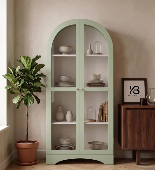 2 Door Display Cabinet | Crockery Cabinet | Wooden Multipurpose Cabinet | Finish- Olive Green and Off-White - Image 2